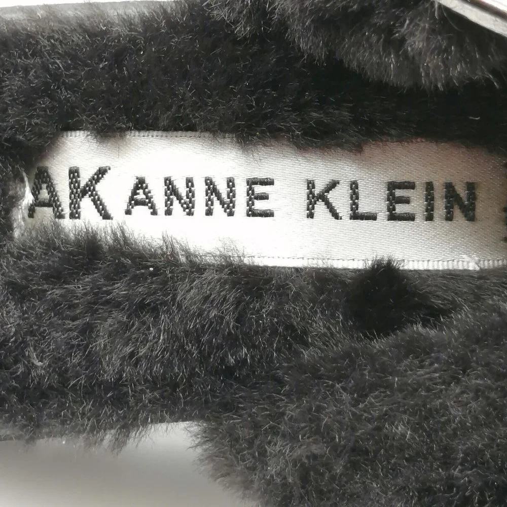 Anne‎ Klein Womens Sandals Skyler Black Faux Fur Straps Buckle Slide Flat Heel 7